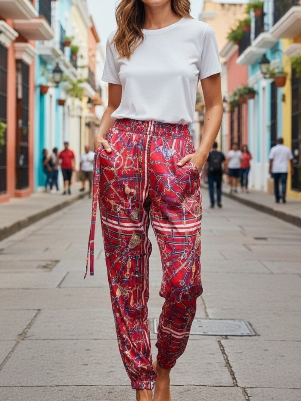 NWT AKIRA (SM) Red Printed Satin Elastic Waist Cuffs Pockets Slacks